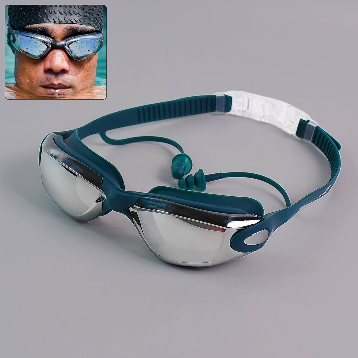 Anti-fog swimming goggles with UV protection and mirrored lenses in plastic case Main image