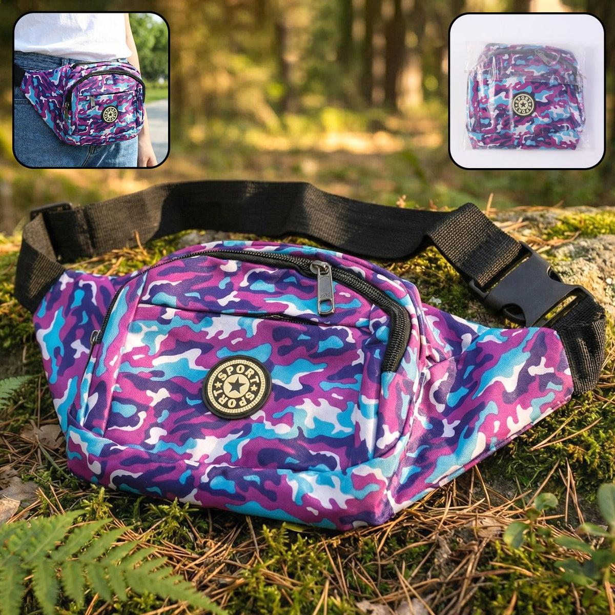 Stylish camouflage waist bag with zippered compartments for travel and sports Main image