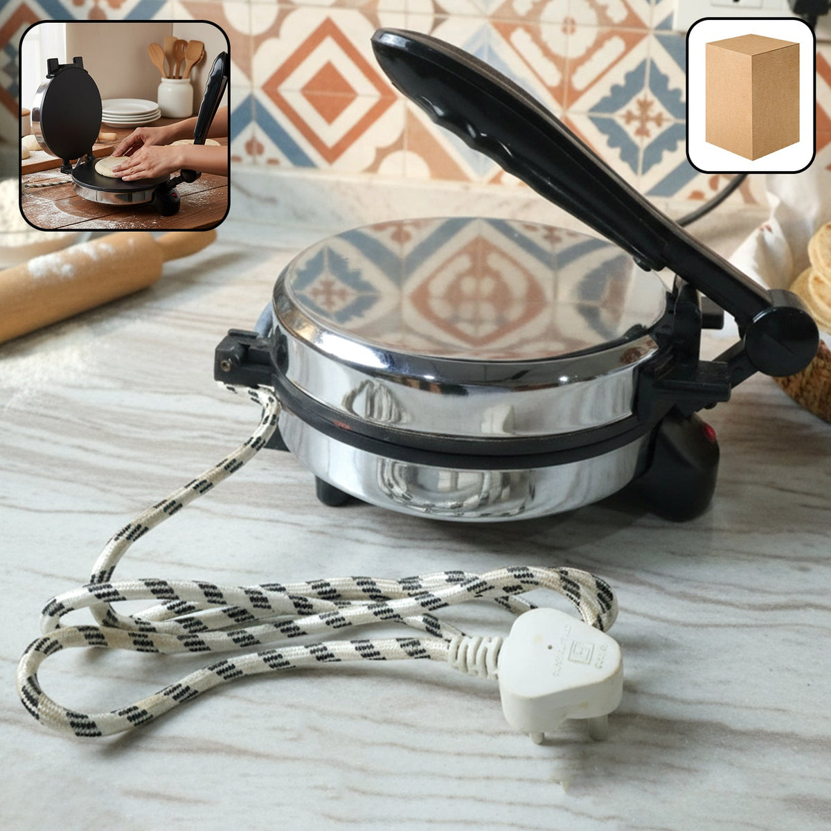 Electric roti maker with stainless steel heating plate on kitchen countertop Main image