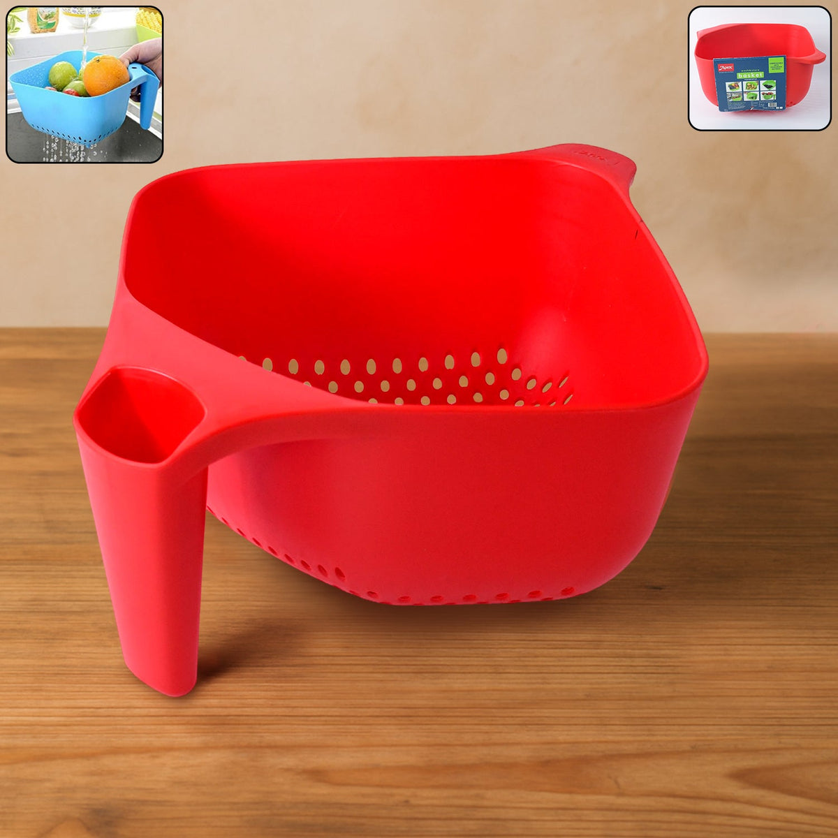 Plastic strainer bowl with ergonomic handle for easy washing and draining Main image