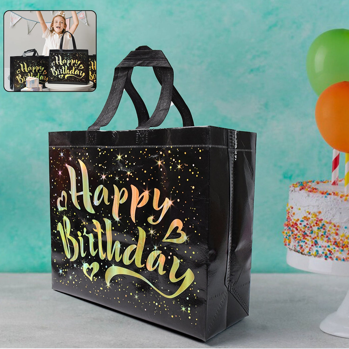 Black reusable birthday gift bag decorated with gold shiny stars Main image