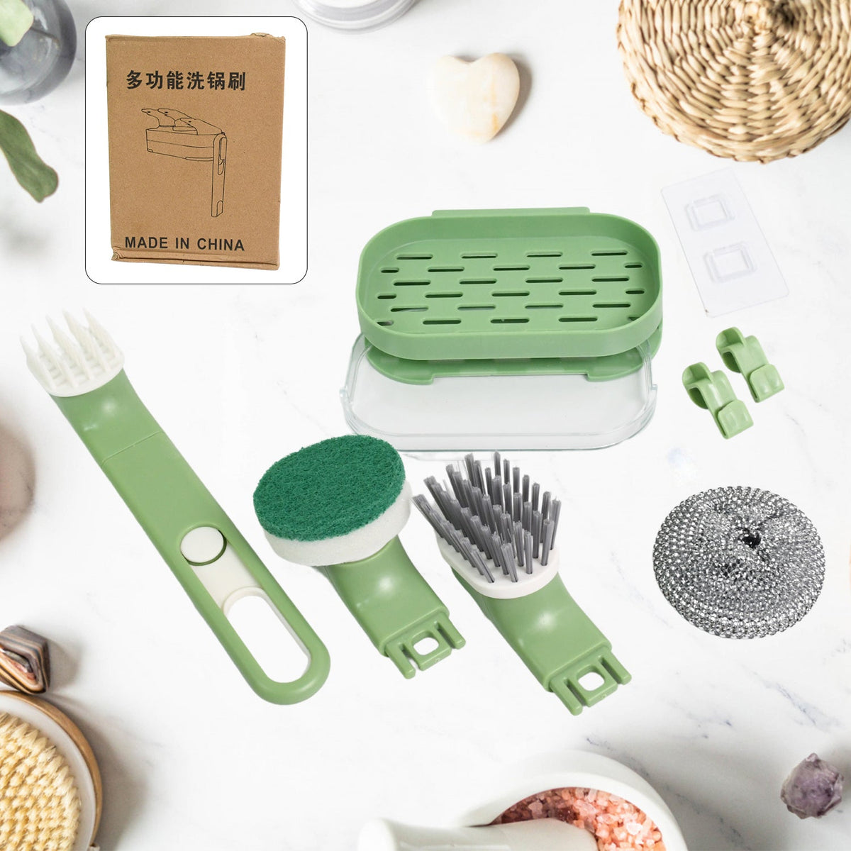 9-piece Dish Brush Set with long handle and various replacement heads in a modern kitchen setting. Main image