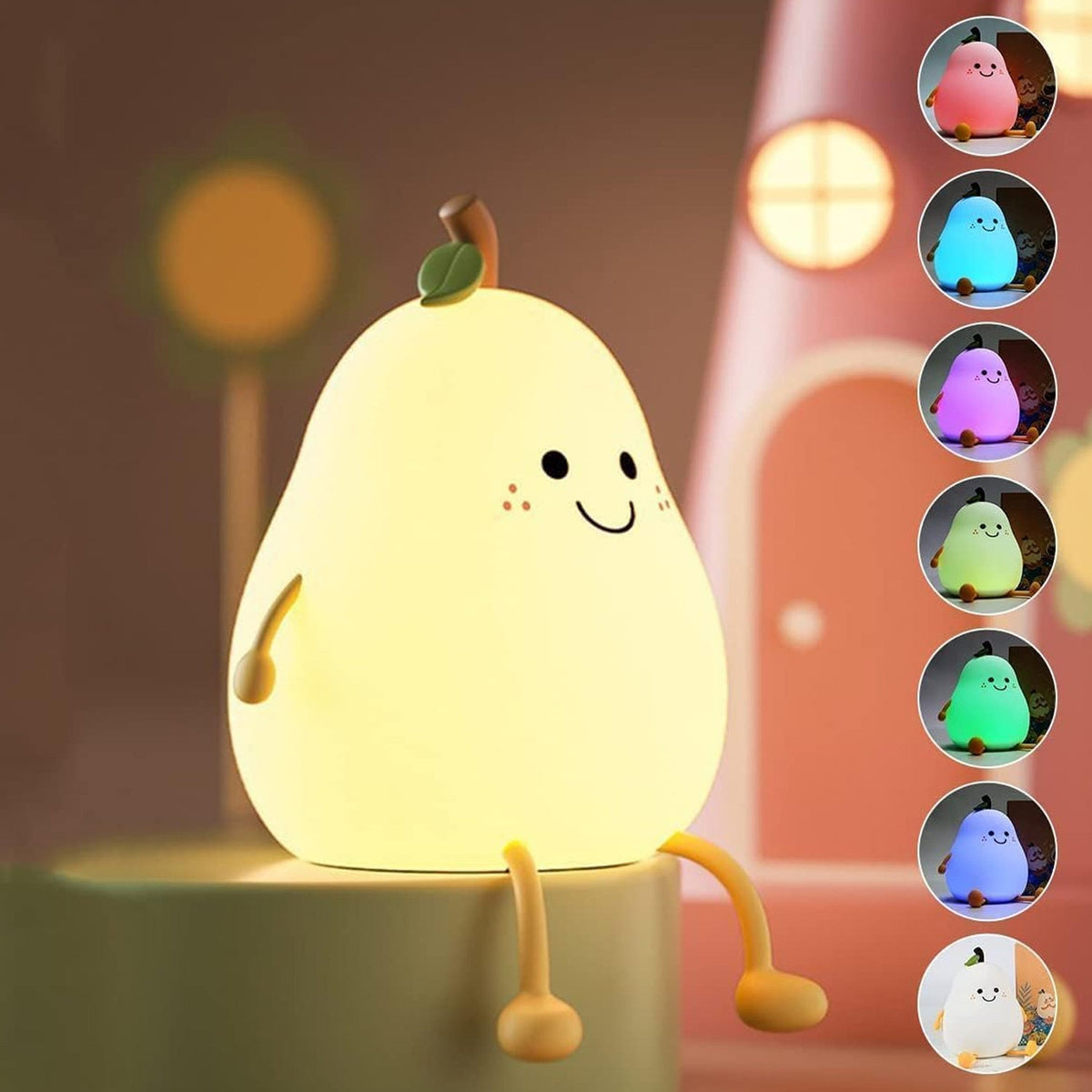 A pear silicone night lamp glowing softly on a tabletop. Main image