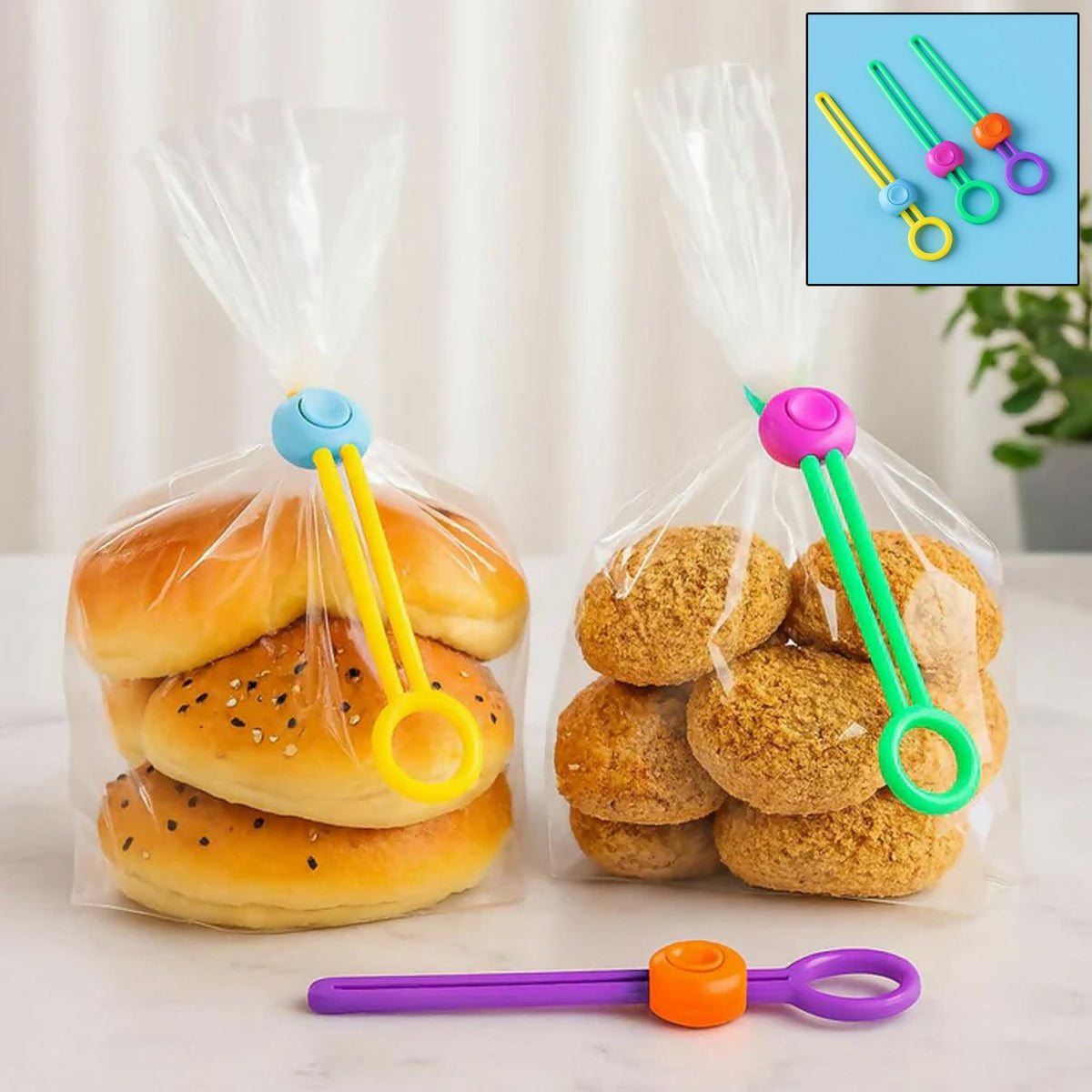 Reusable silicone food bag sealing clips with lock on kitchen counter Main image