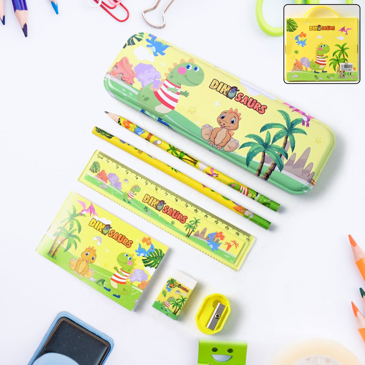 Dinosaur kids stationery set featuring pencil box and all accessories in vibrant dinosaur print Main image
