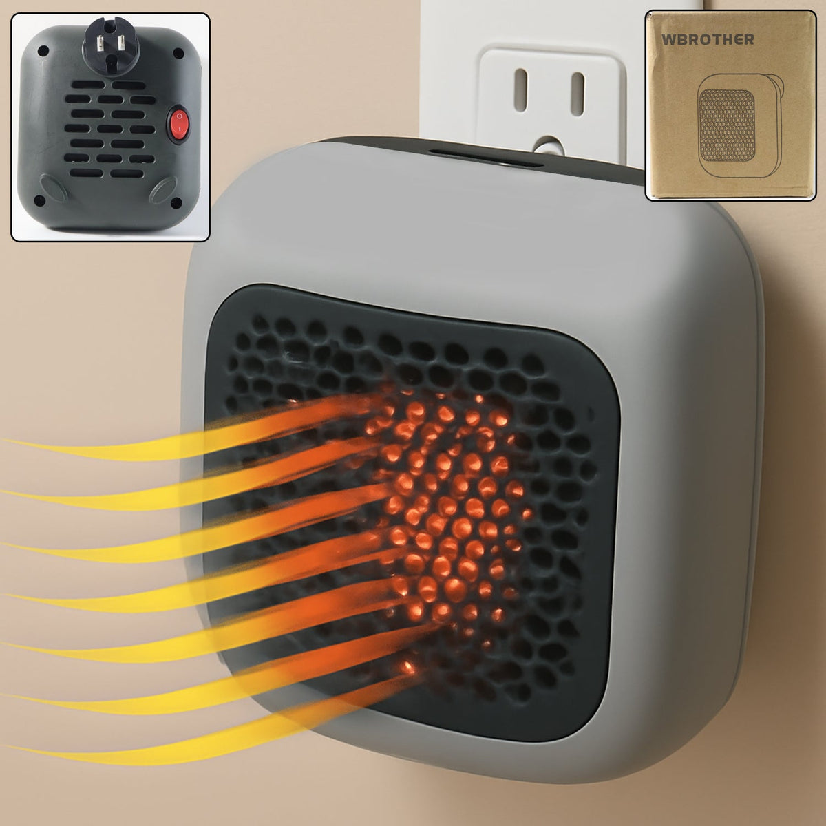 600W wall-mounted room heater plugged into a socket with heat output grill visible Main image