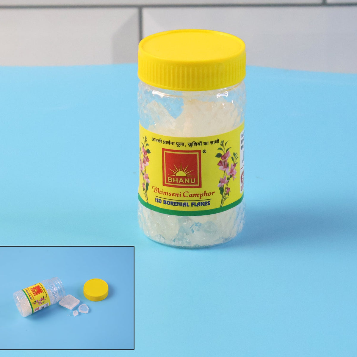 Jar of Bhimseni Camphor ISO Borneol flakes for home pooja and fragrance Main image