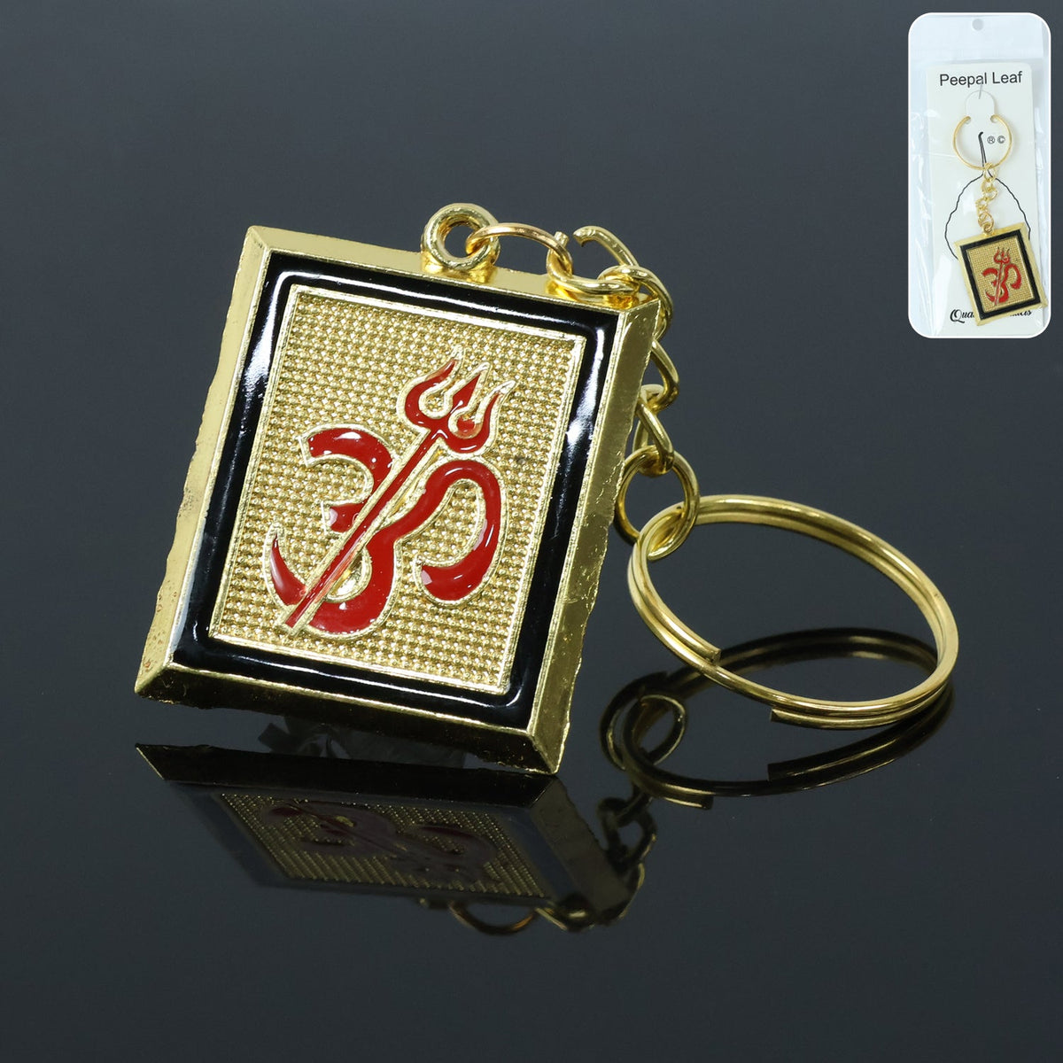 Golden metal Om Trishul keychain front view showcasing intricate spiritual design Main image