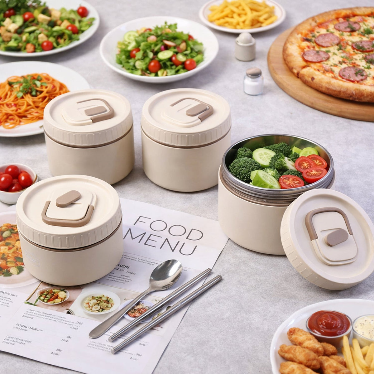 Bento style lunch box set with multiple leak-resistant containers and carry bag Main image
