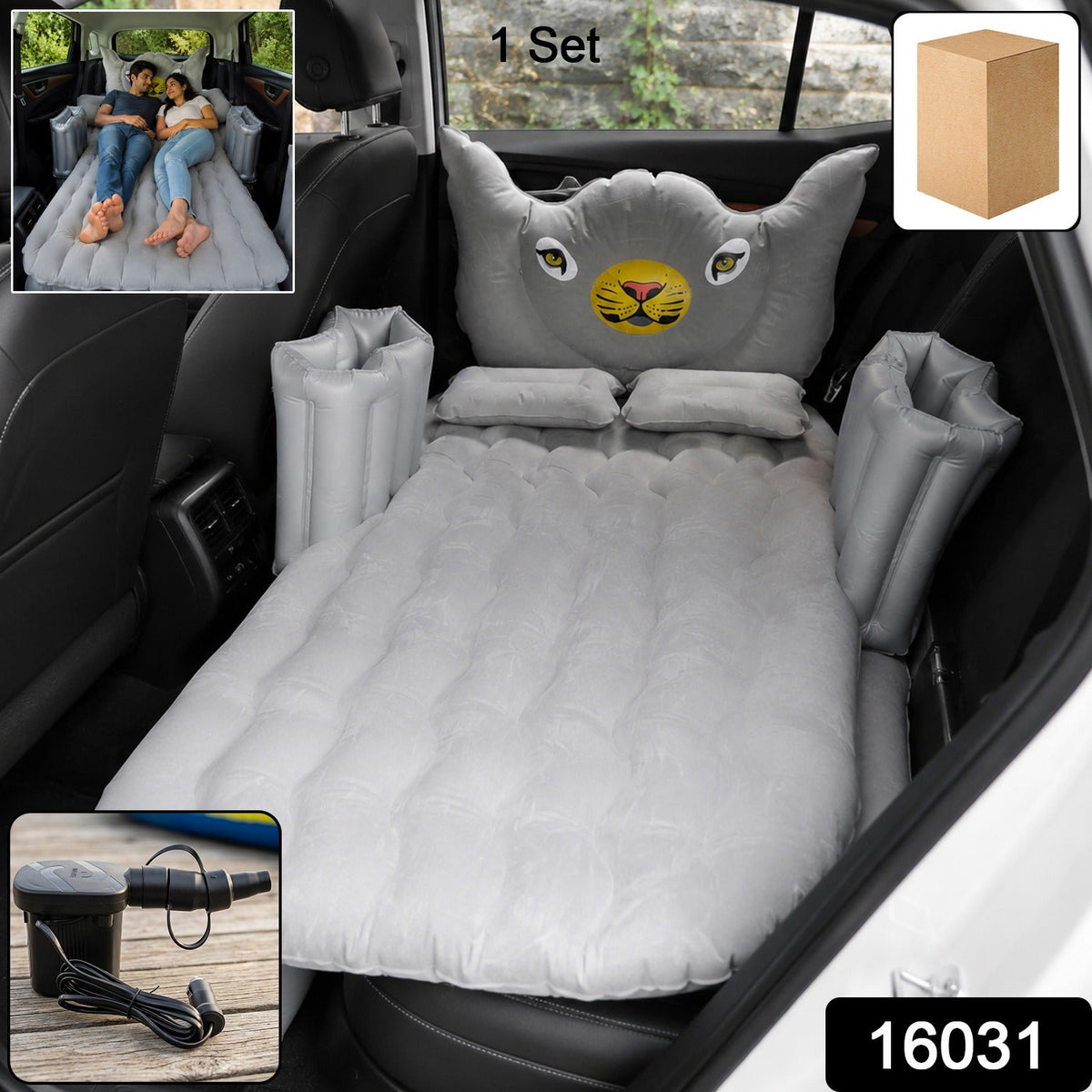 7-piece car air mattress bed set with tiger pillow and electric pump for travel Main image