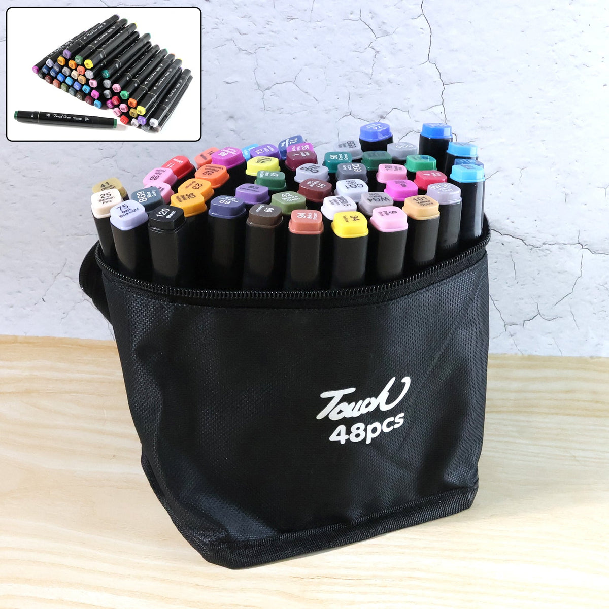 Sketch markers set with 48 vibrant dual-tip colors arranged for display Main image