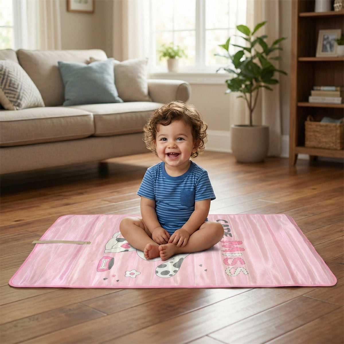 A happy baby playing on a reversible Baby Play Mat with an animal theme. Main image