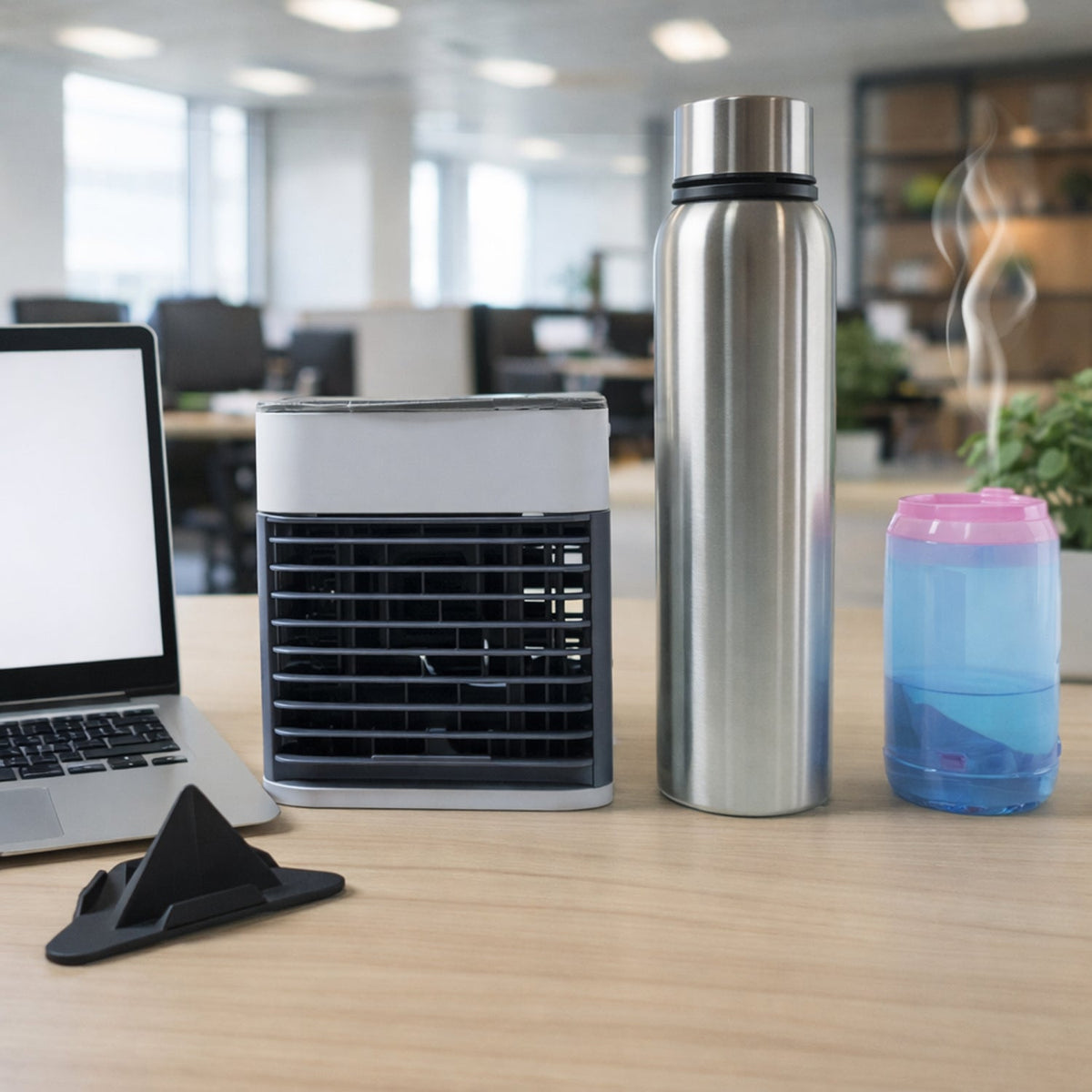 Office Essentials Combo Set with mini air cooler and water bottles on desk Main image