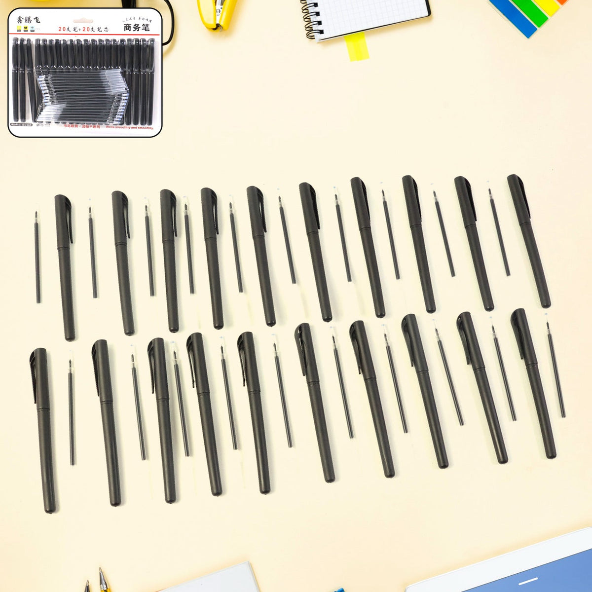 Refillable black marker pen set including 20 pens and extra ink refills suitable for office use Main image