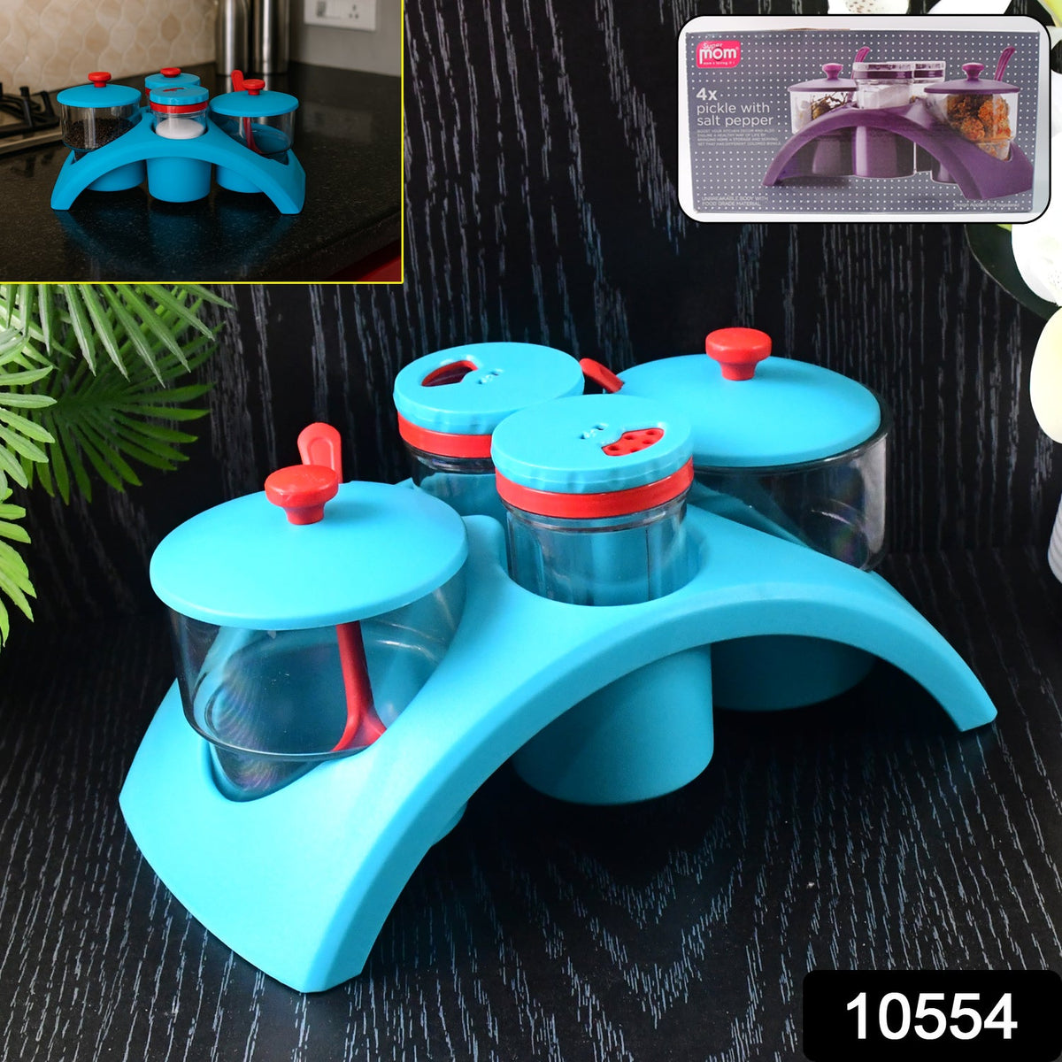 Pickle, salt and pepper storage set with airtight plastic containers and stand Main image