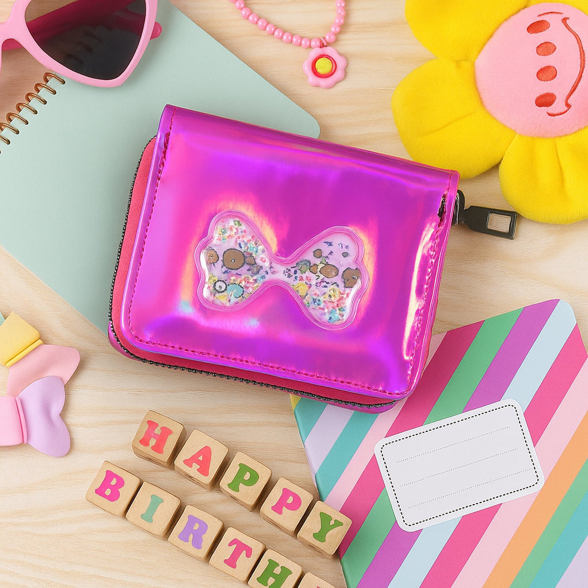 Vibrant holographic kids wallet with shiny bow-shaped glitter window Main image