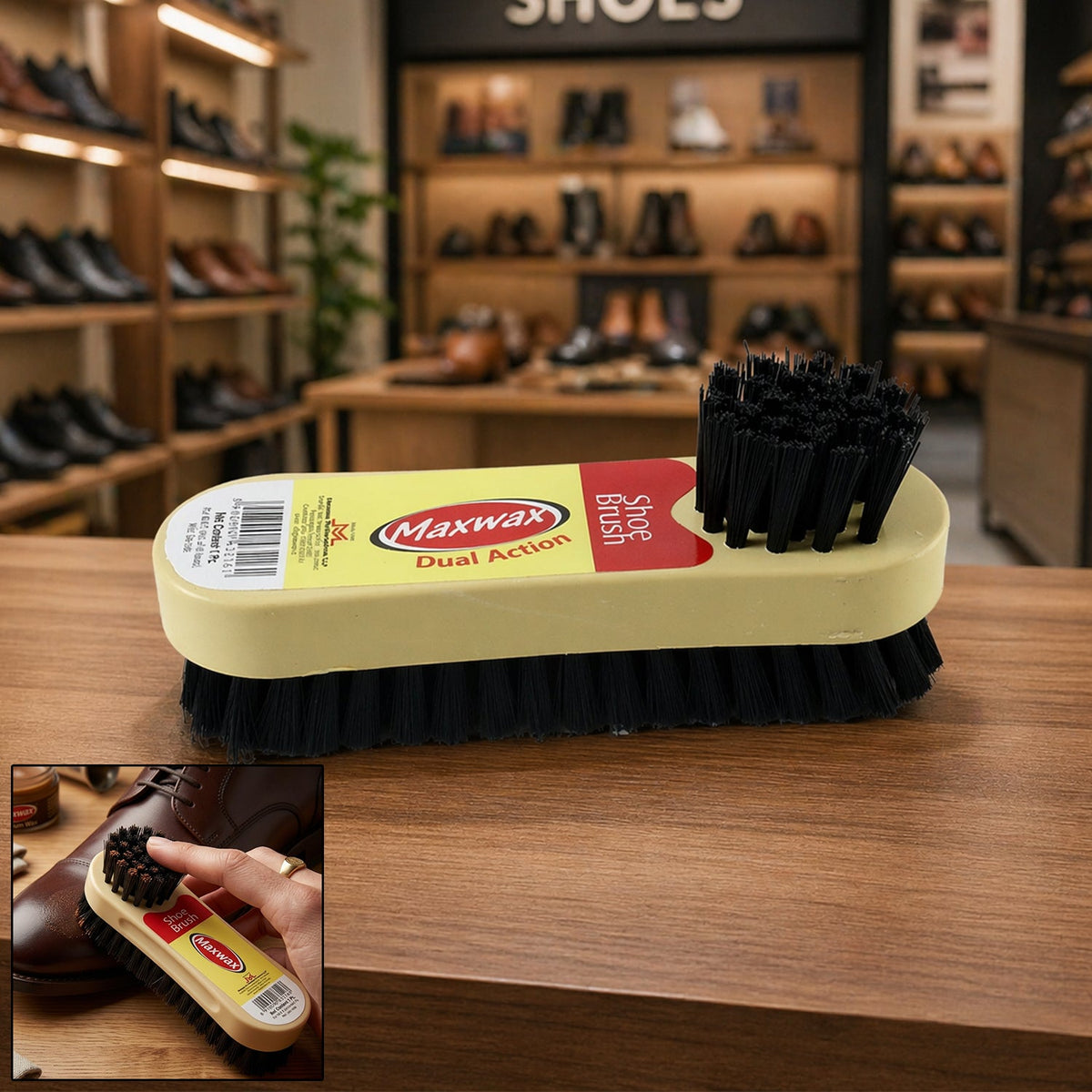 Dual action shoe cleaning brush with soft and hard bristles for comprehensive footwear care. Main image
