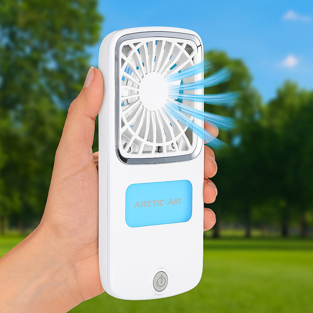 Man wearing a white portable personal air cooler around his neck, looking refreshed. Main image