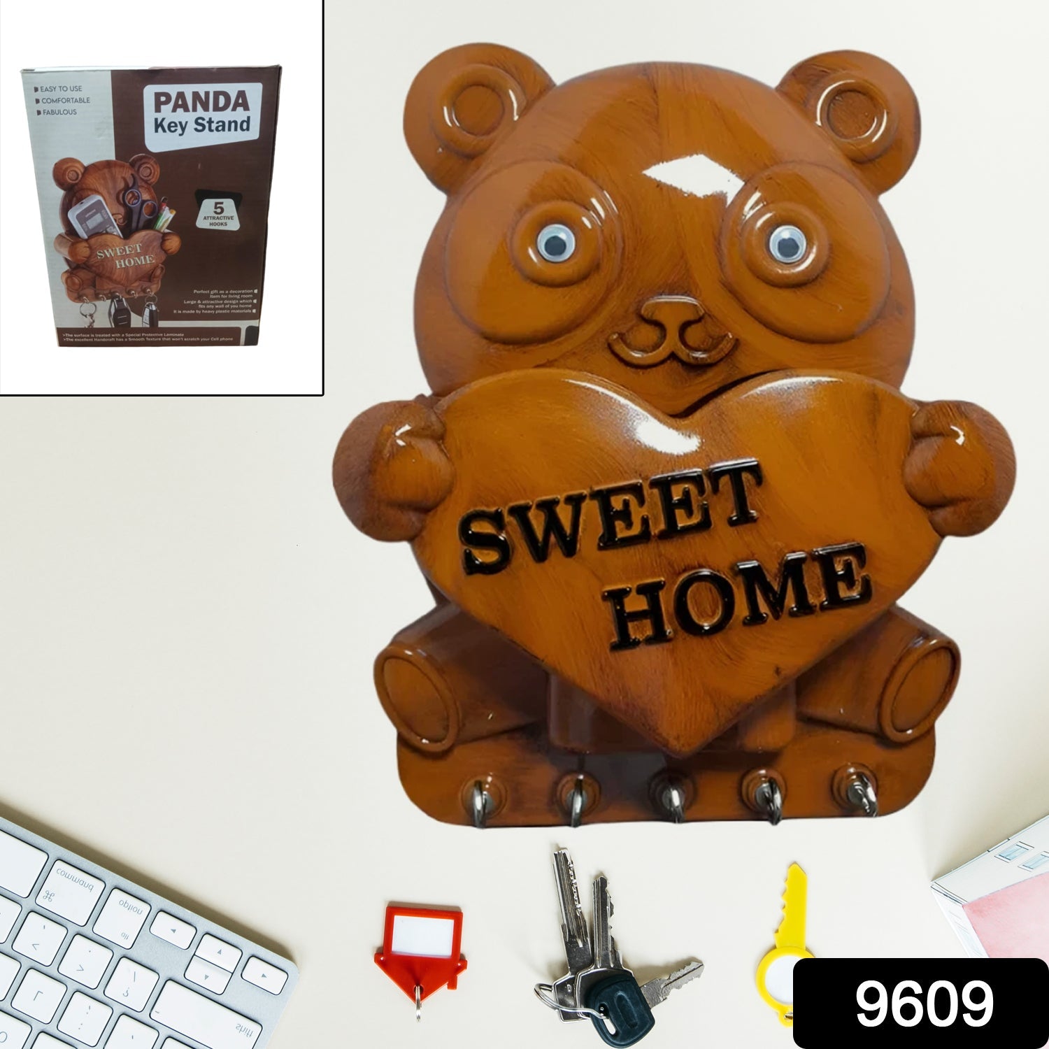 Panda Key Holder – 5-Hook Wall Mount Organiser | GlimmerHome Secondary image