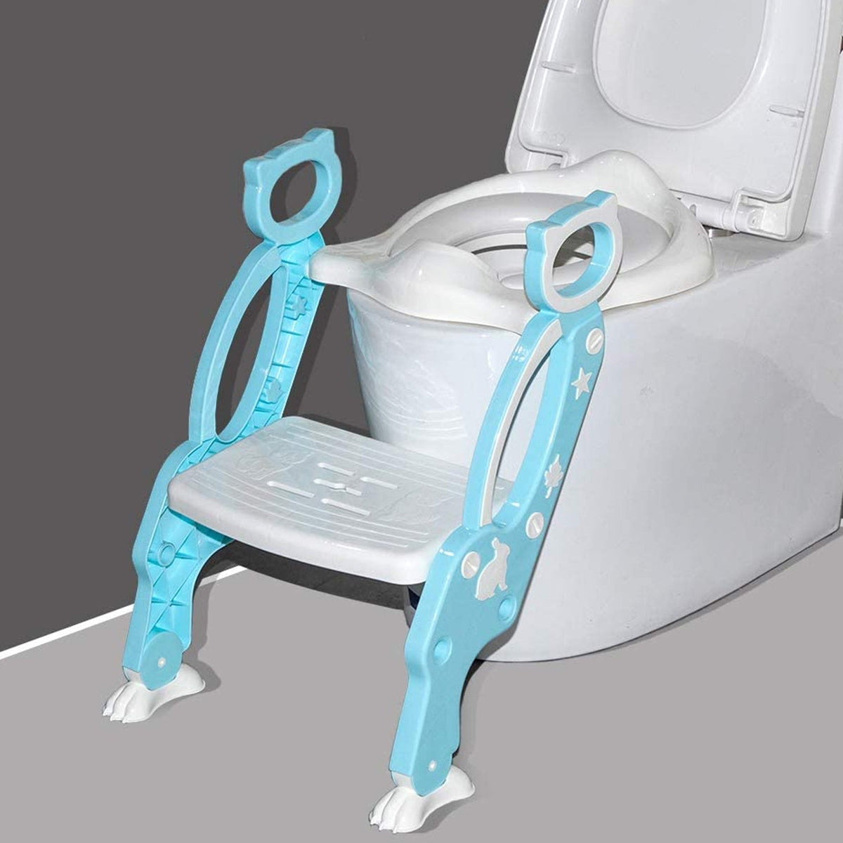 Potty training seat with integrated step stool ladder for toddlers in a bathroom. Main image