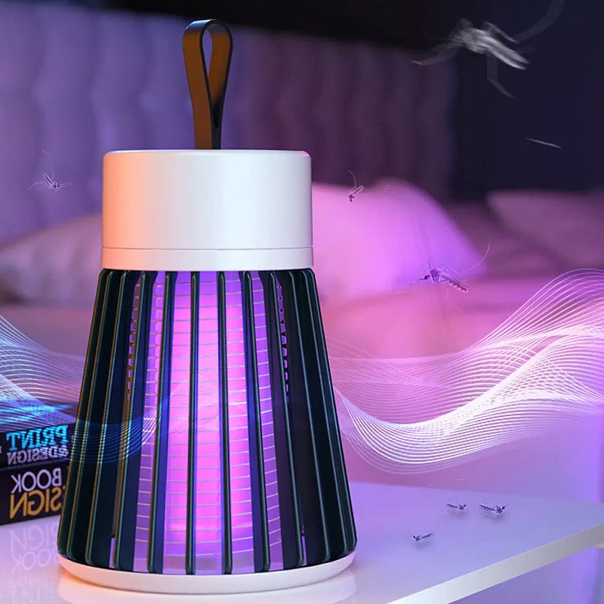 A white and black Mosquito Killer Lamp with purple light sits on a nightstand with a subtle mosquito graphic. Main image