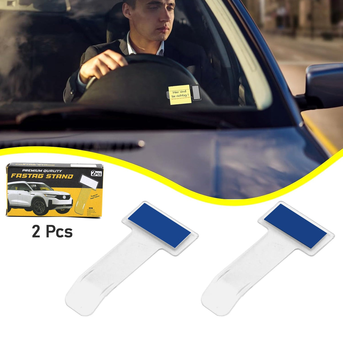 Transparent Fastag Holder for Car securely displayed on a car windscreen. Main image