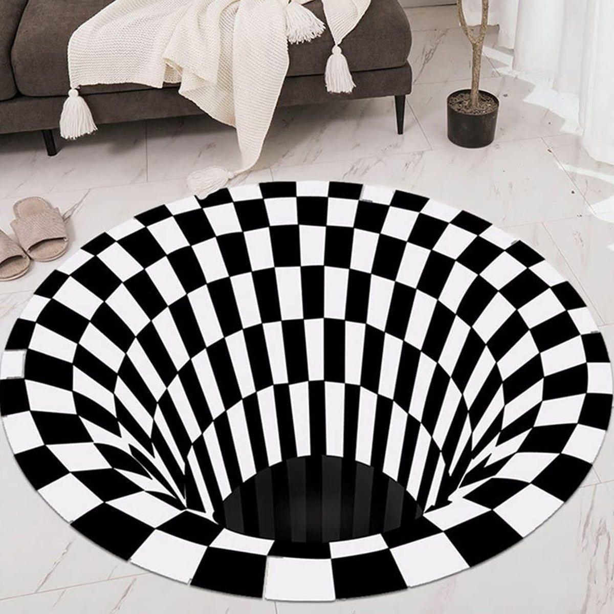 3D space round carpet with checkered vortex optical illusion design Main image