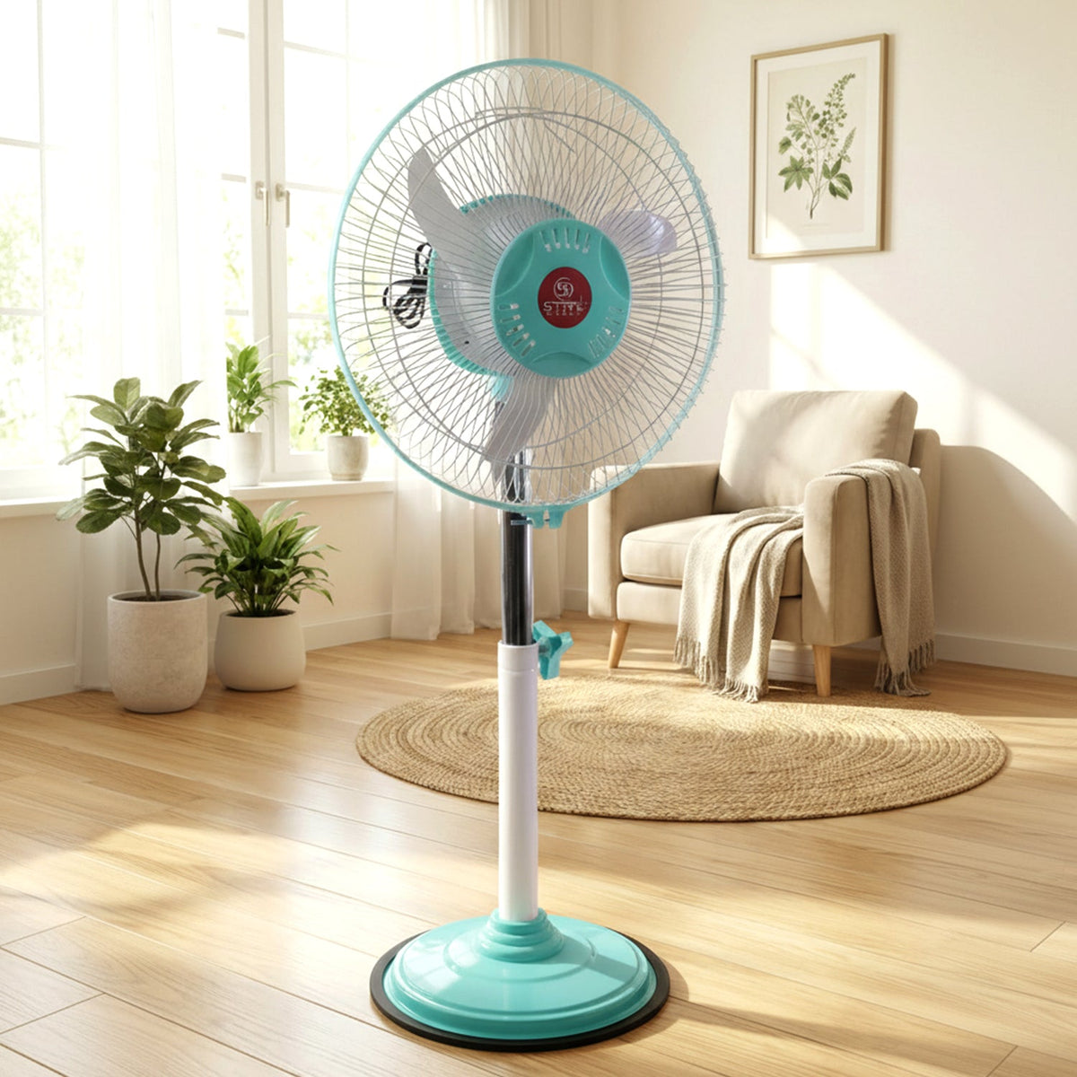 12V DC hybrid pedestal table fan with adapter - main product shot Main image