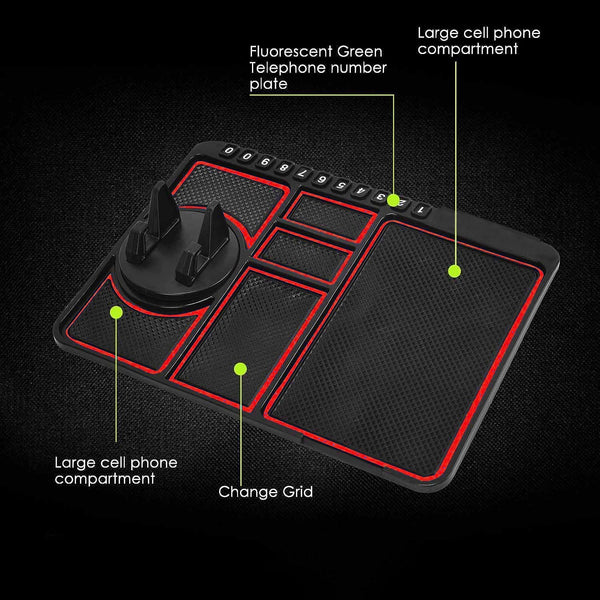 Car dashboard mat holding mobile phone and keys firmly in place