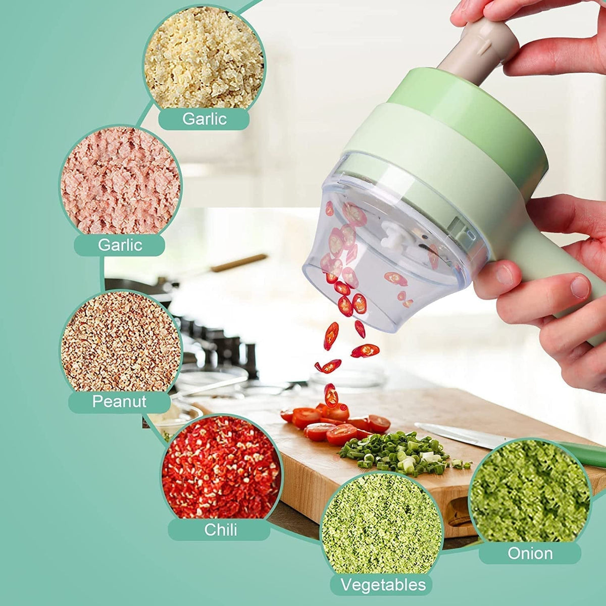 4-in-1 electric vegetable cutter in action, slicing carrots. Main image