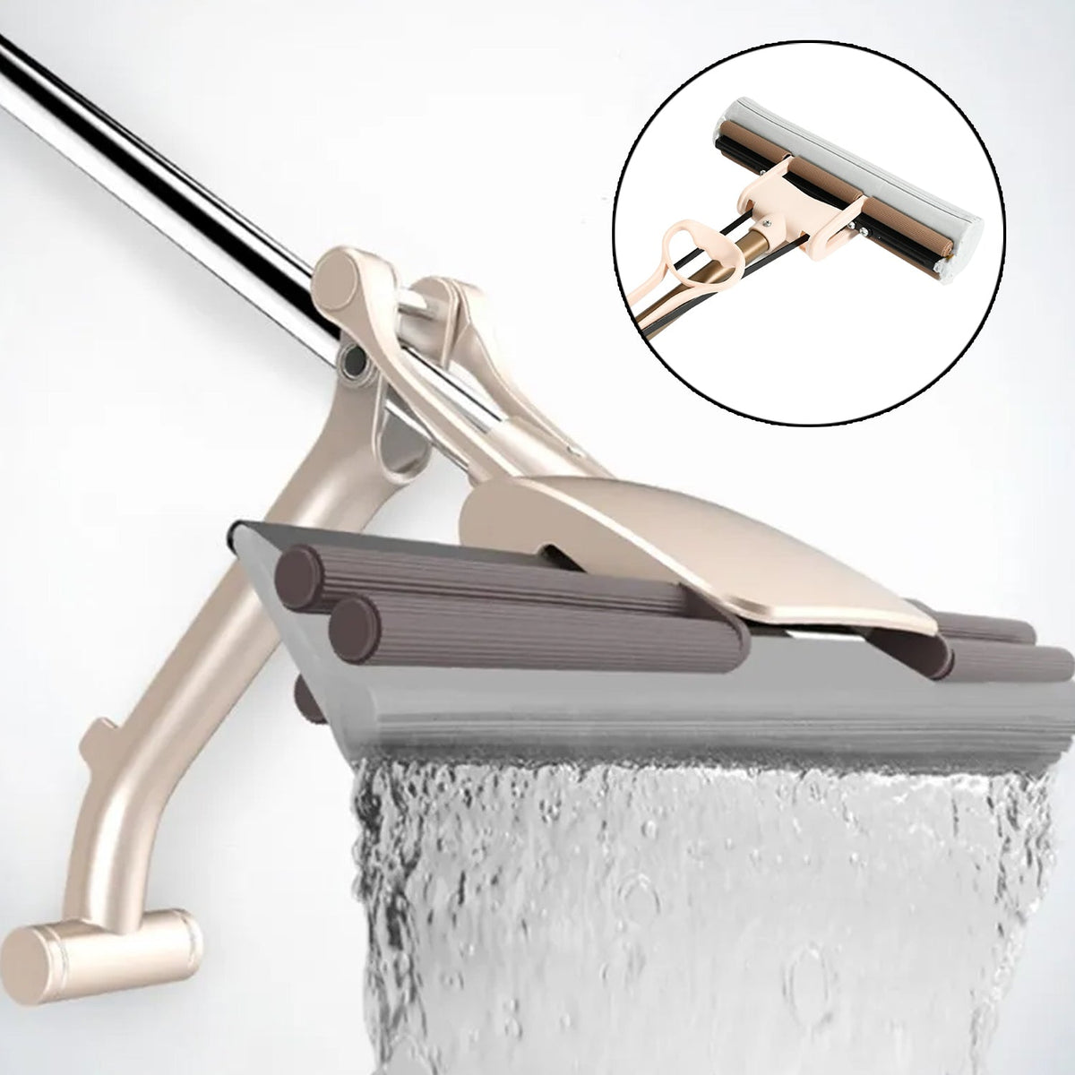 A person demonstrating the self-cleaning sponge mop with its bucket system for hands-free floor cleaning. Main image