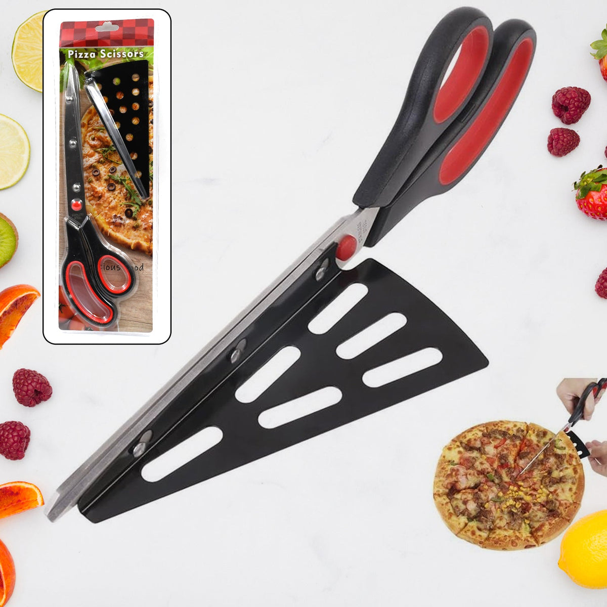 Stainless steel pizza cutter scissors cleanly slicing a pizza. Main image