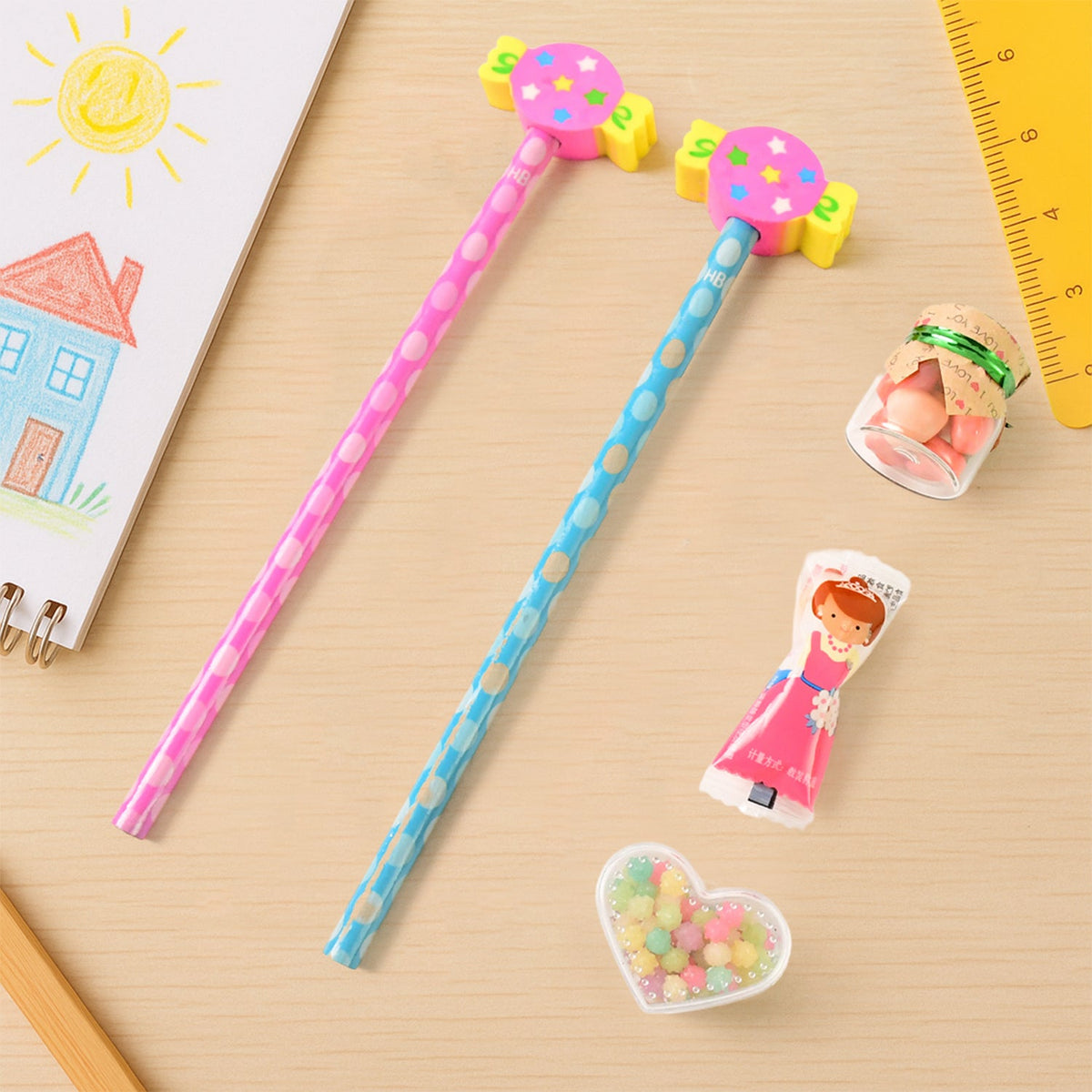 Candy-themed pencil set with decorative pencils and accessories for kids Main image