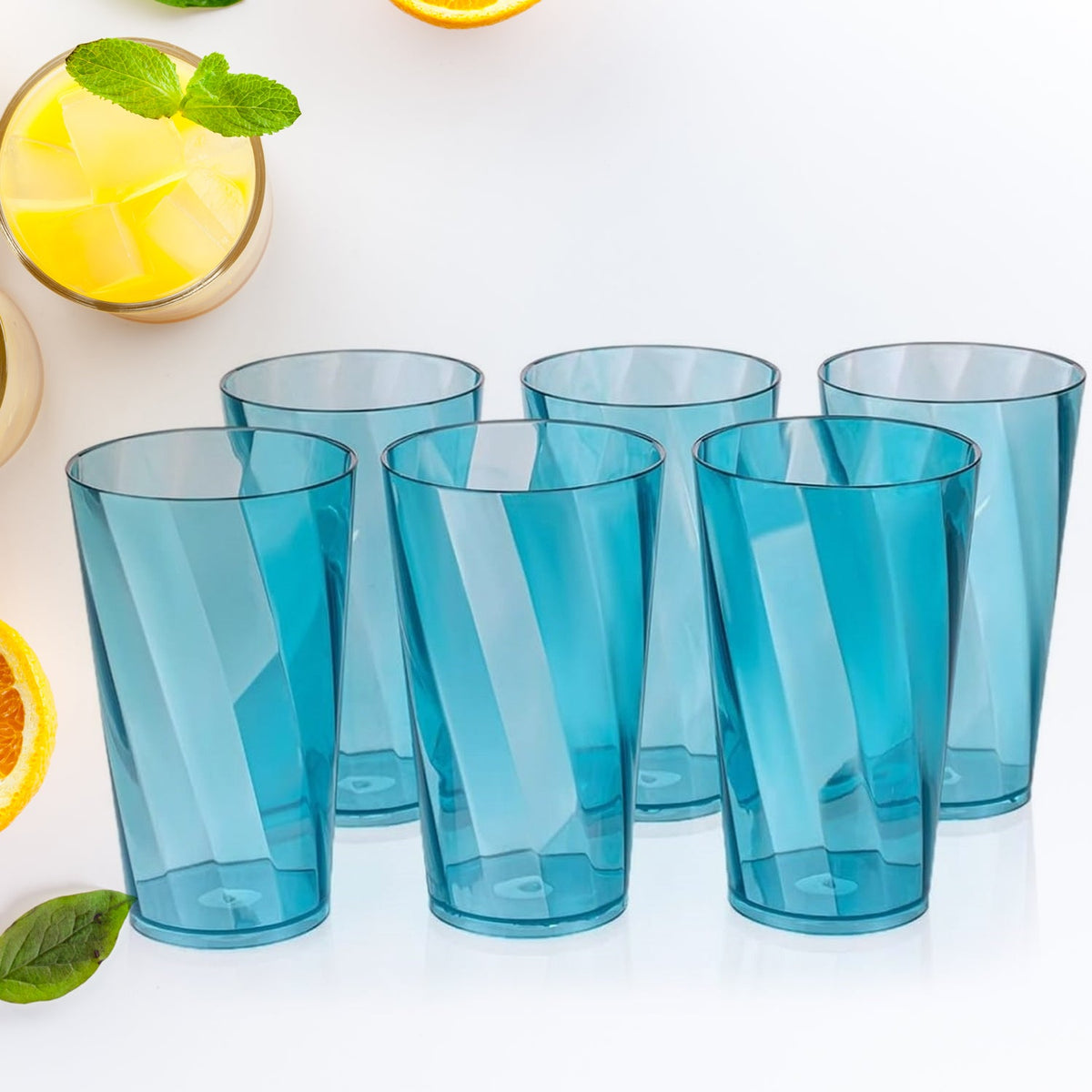 Set of six 300ml transparent drinking glasses on a table. Main image