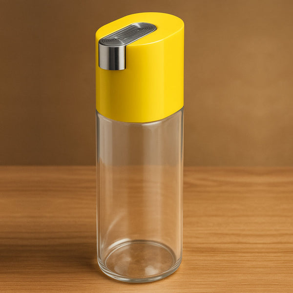 Ergonomic grip on one-touch oil dispensing bottle with yellow lid