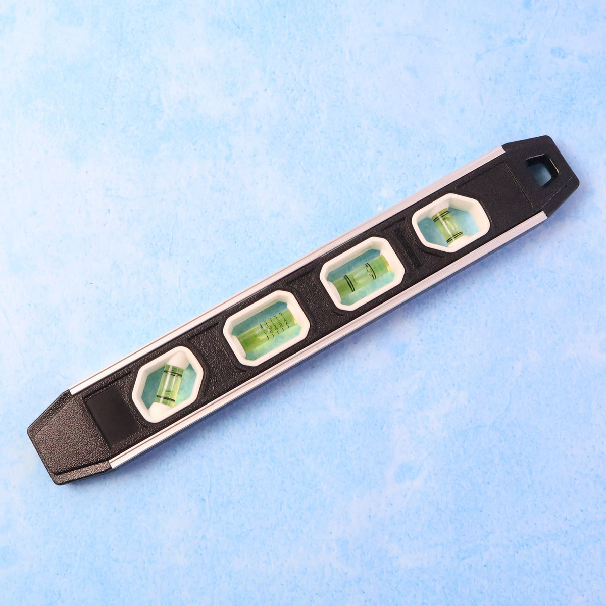 Aluminum spirit level measuring tool showing 3 bubble vials for precise leveling Main image