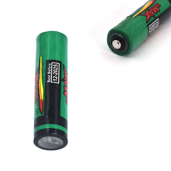 Close-up of a RaceCore AA Alkaline Battery, showcasing its sleek design and branding.