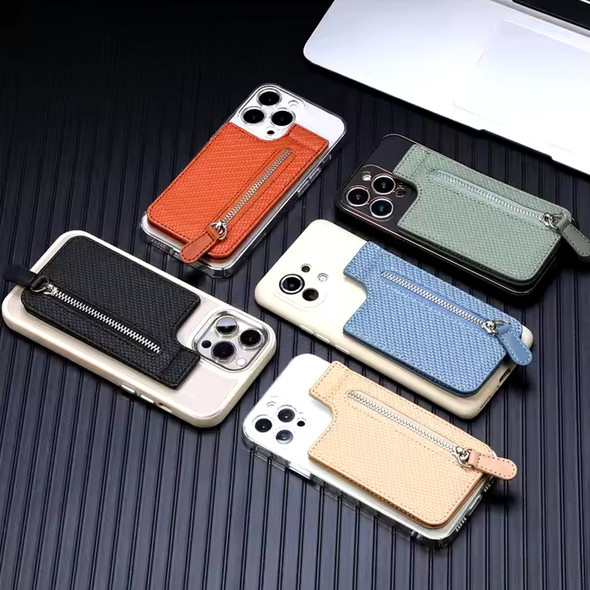 Adhesive card phone holder with secure zipper pocket for cards and cash. Main image