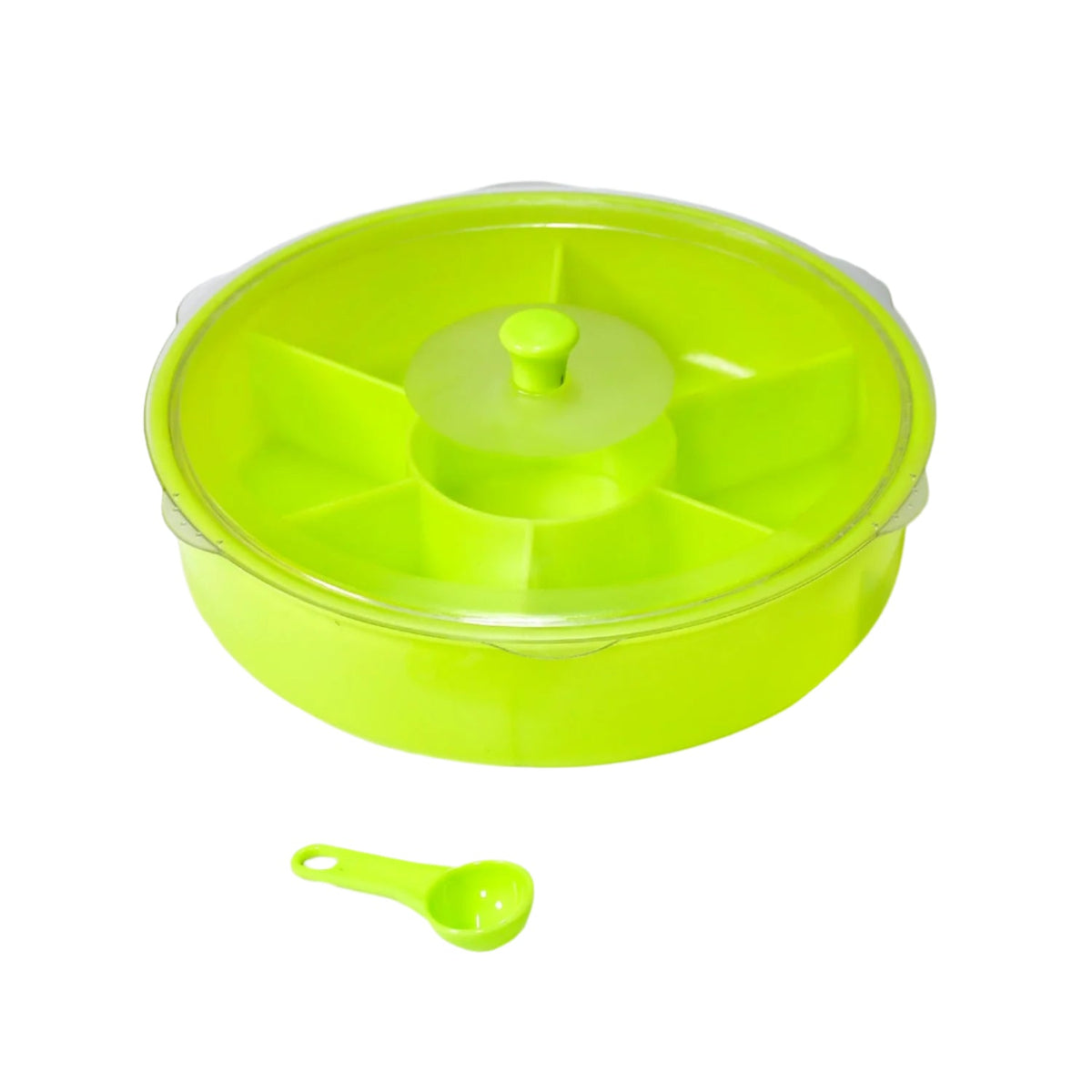 Airtight Dry Fruit & Masala Box with a transparent lid and spoon on a kitchen counter. Main image