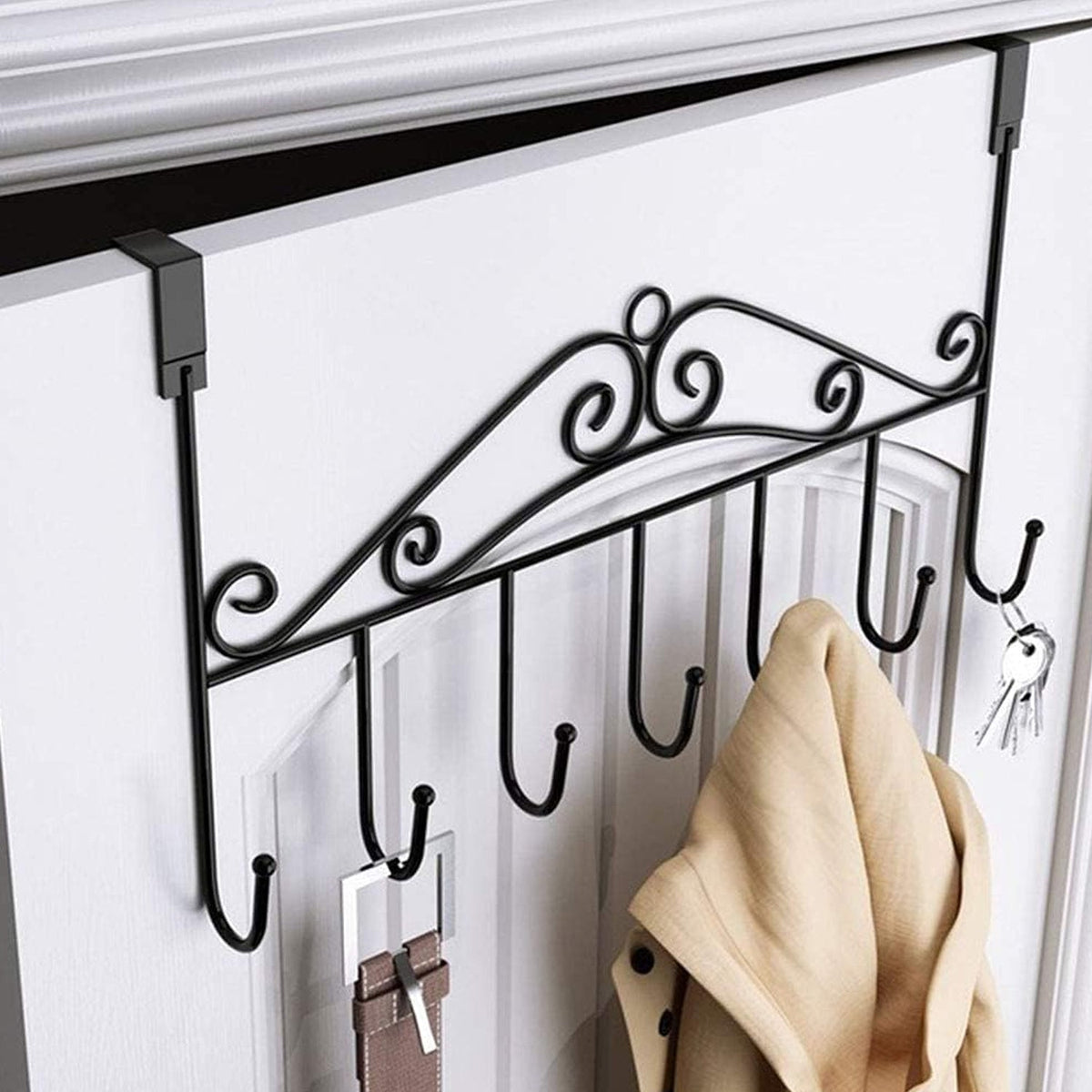 Over Door Hanger Rack with 7 hooks, displayed empty on a white door. Main image