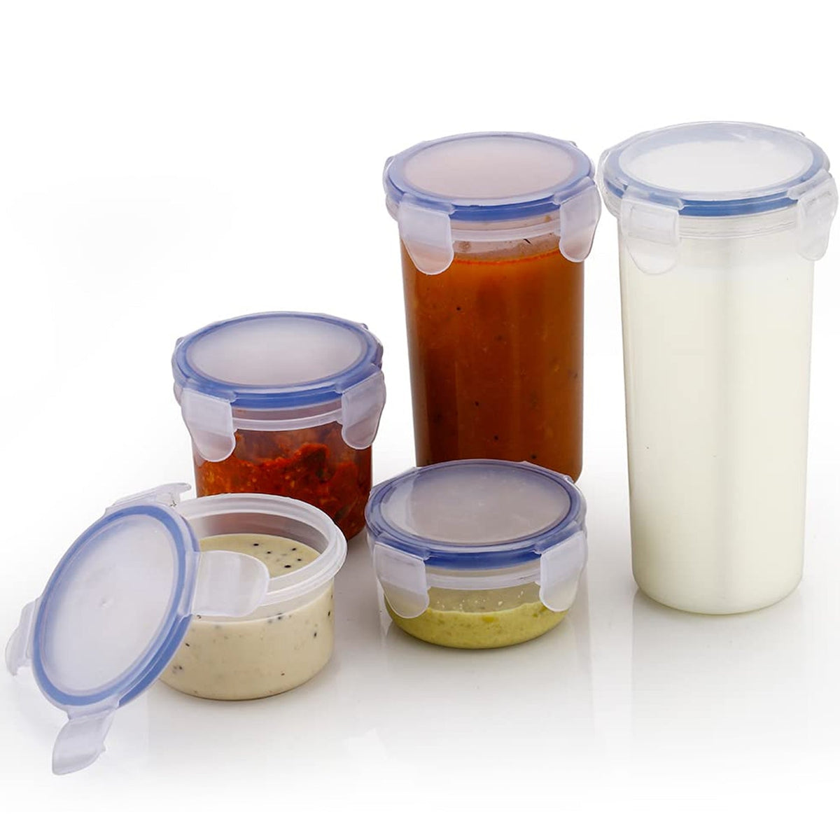 Transparent round airtight food storage containers with leak-proof locking lids, perfect for kitchen organisation. Main image