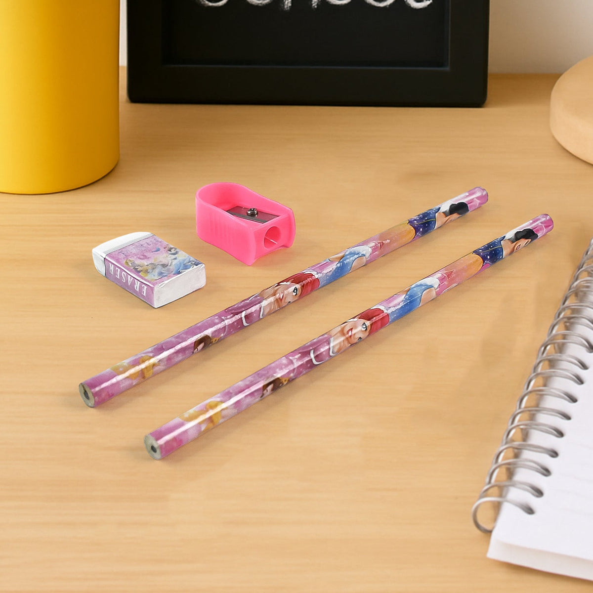 A vibrant 5-in-1 Cartoon Wooden Pencil Set displayed with all its components. Main image