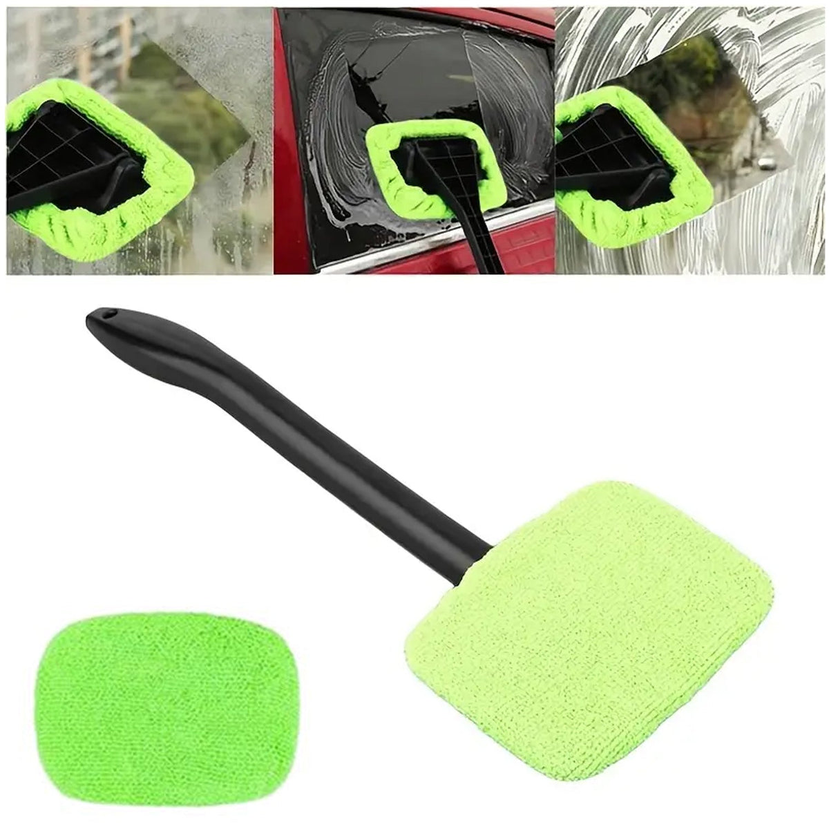 Glass cleaner wiper tool with microfiber cloth in use for car windshield cleaning Main image
