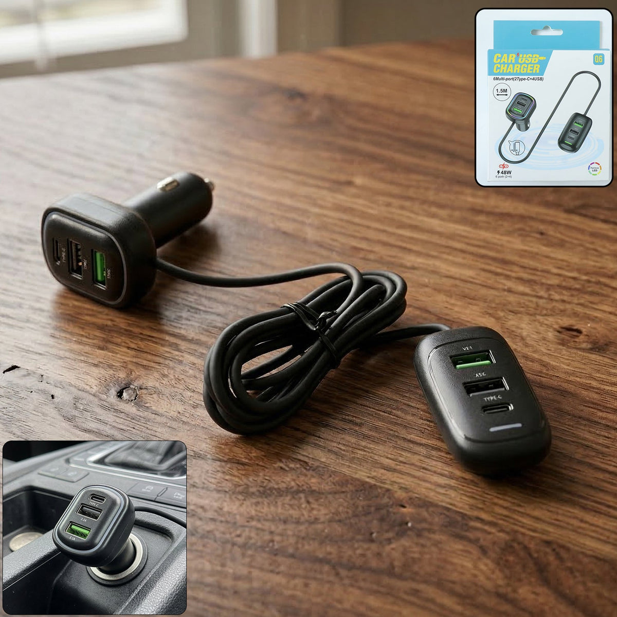 RGB breathing light multi port car USB charger with 1.5m cable Main image