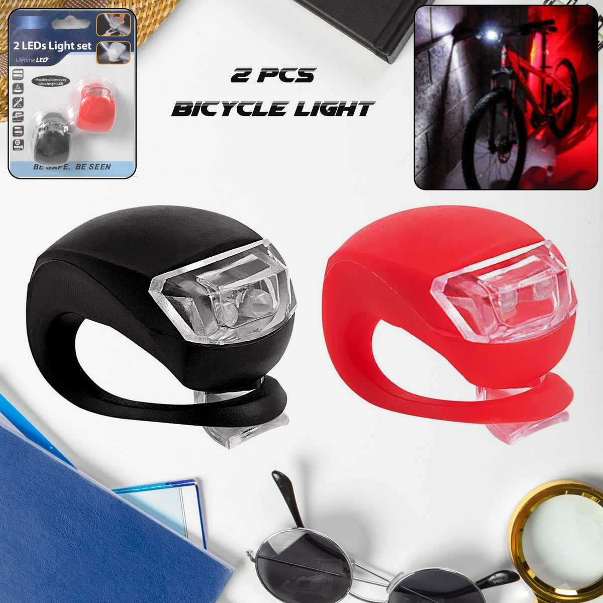 RaceVault Bike Light Set featuring a bright LED headlight mounted on a bicycle handlebar. Main image