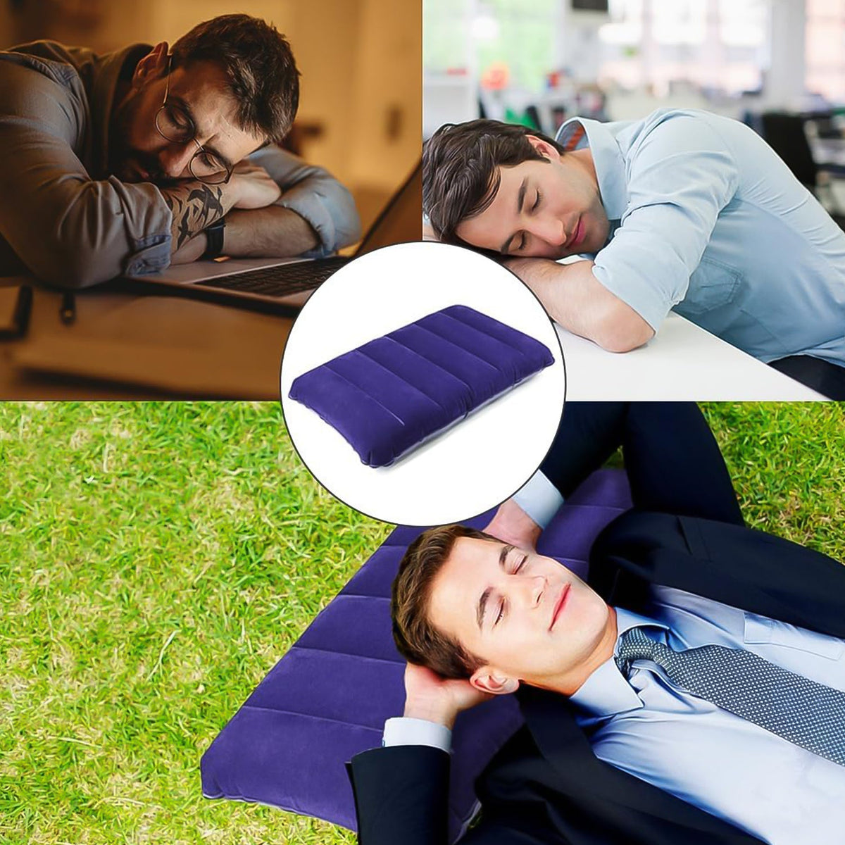 Blue velvet inflatable travel pillow for comfortable journeys, main shot. Main image
