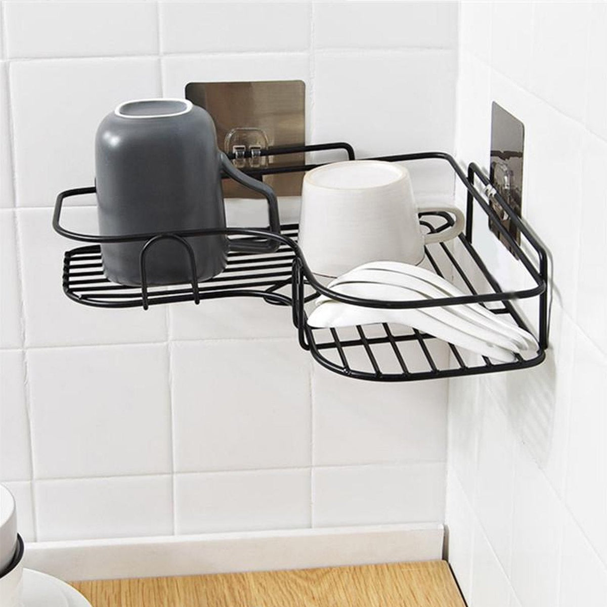 Stainless steel corner shelf organiser installed in a modern kitchen. Main image