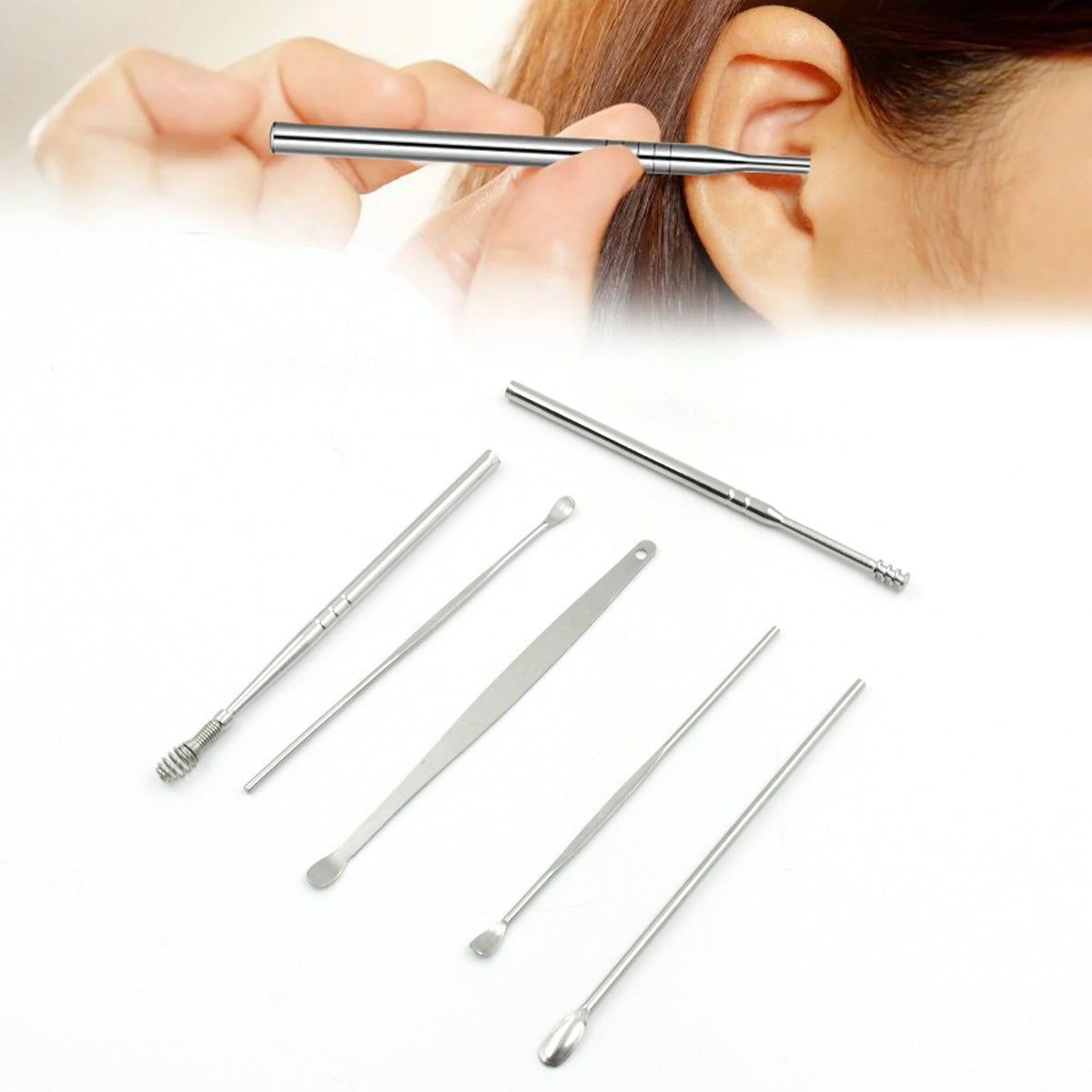 Complete 6-piece ear wax removal kit with keychain holder for travel. Main image