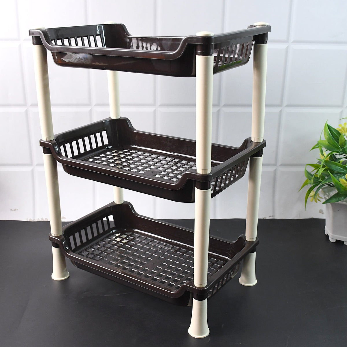 3-Tier Plastic Storage Rack Organizer in kitchen holding vegetables and crockery Main image