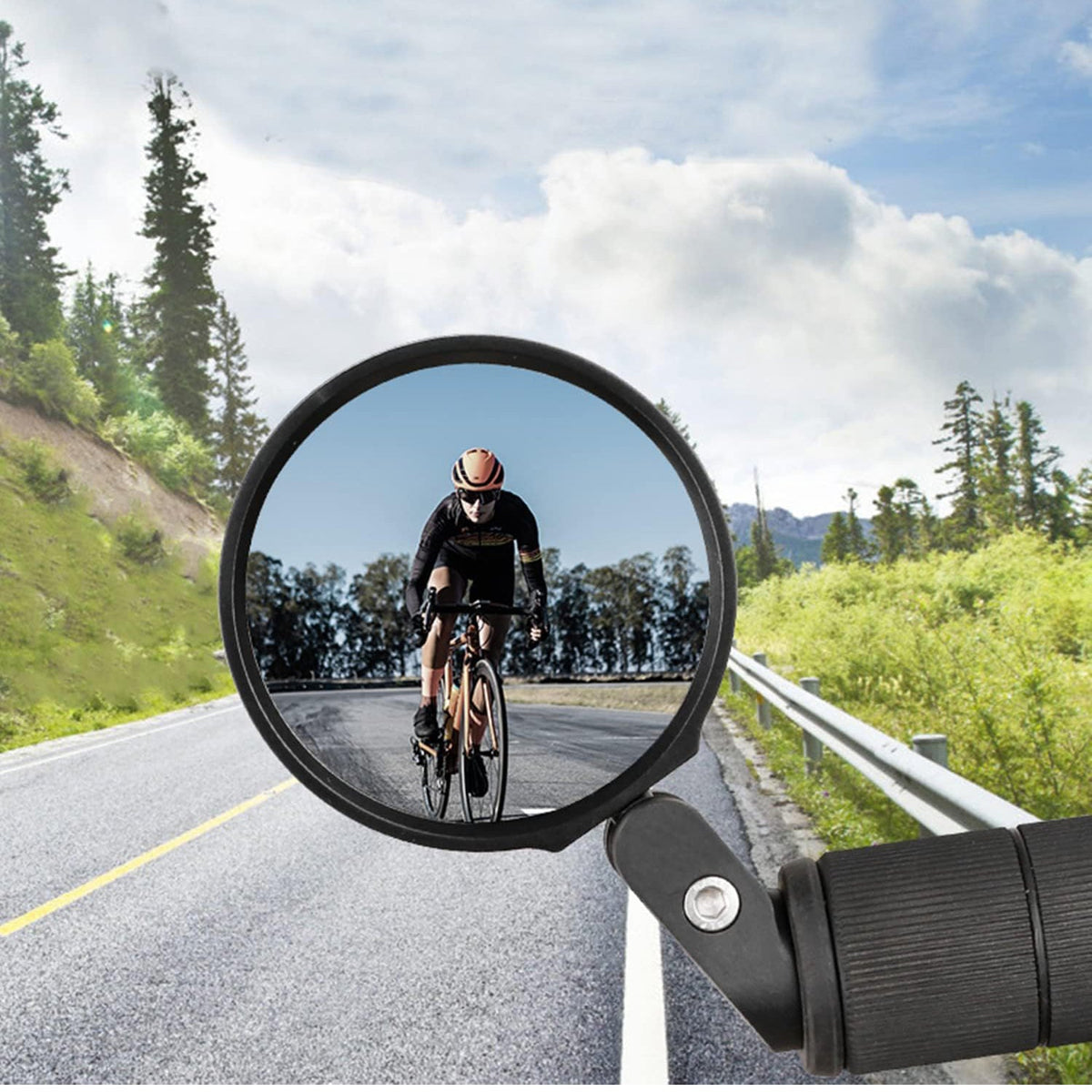 RaceVault Bar End Bike Mirror installed on a bike handlebar, providing a wide rearview for enhanced cycling safety. Main image